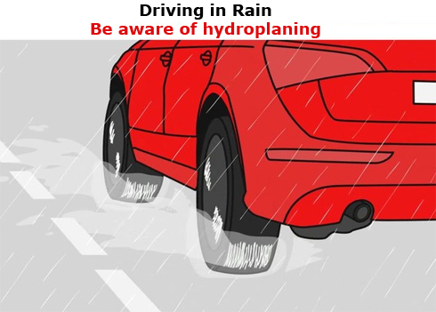 Be aware of hydroplaning in rain Be aware of hydroplaning in rain